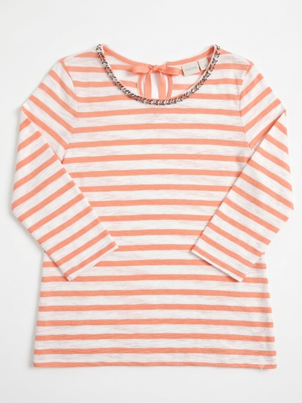 Chico's Coral and White Striped Long-Sleeve Top with Neck Tie - Picture 1 of 6